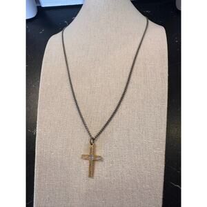 Textured Gold Tone cross pendant Necklace with silver sunburst inlay